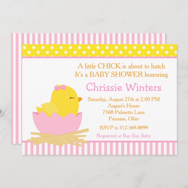 Invitación Chica rosa y amarillo Chick Baby Shower (Anverso / Reverso)