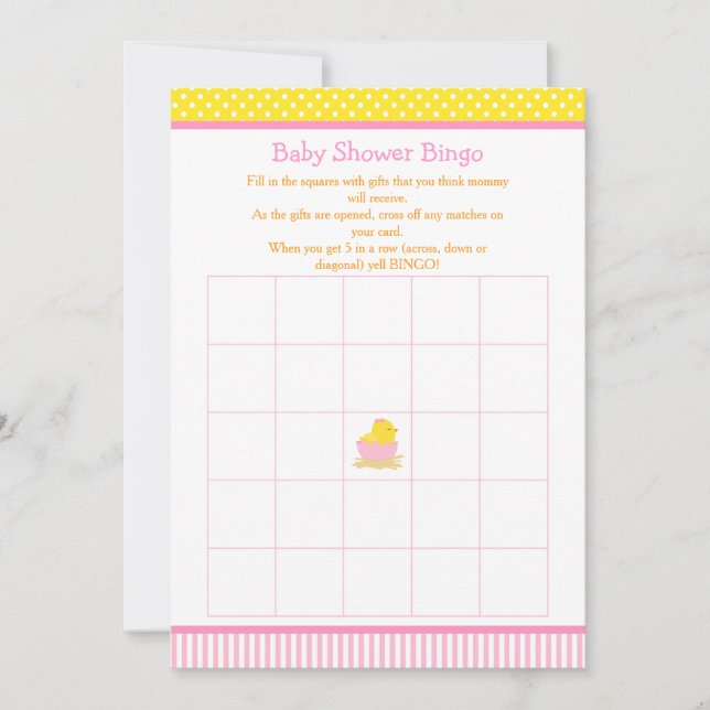 Invitación Chica rosa y amarillo Chick Baby Shower Bingo (Anverso)