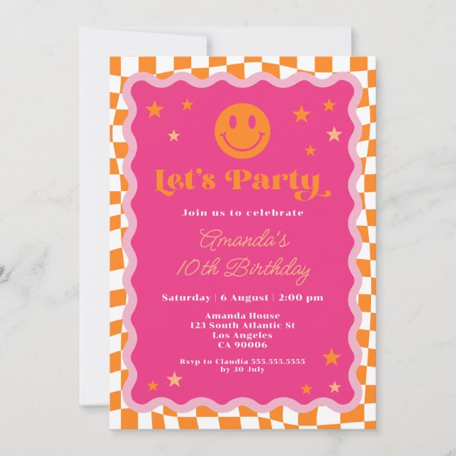 Invitación Chica Rosa Y Naranja Feliz Cara Contemplada Cumple (Anverso)
