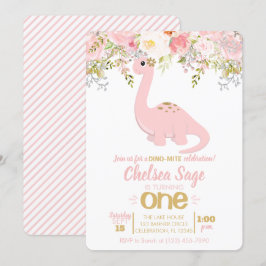 Invitación Chica Rosa y Oro Dinosaurio Aniversario Floral