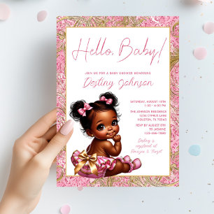 Invitación Chica Rosa y Oro "Hola Bebé" Baby Shower