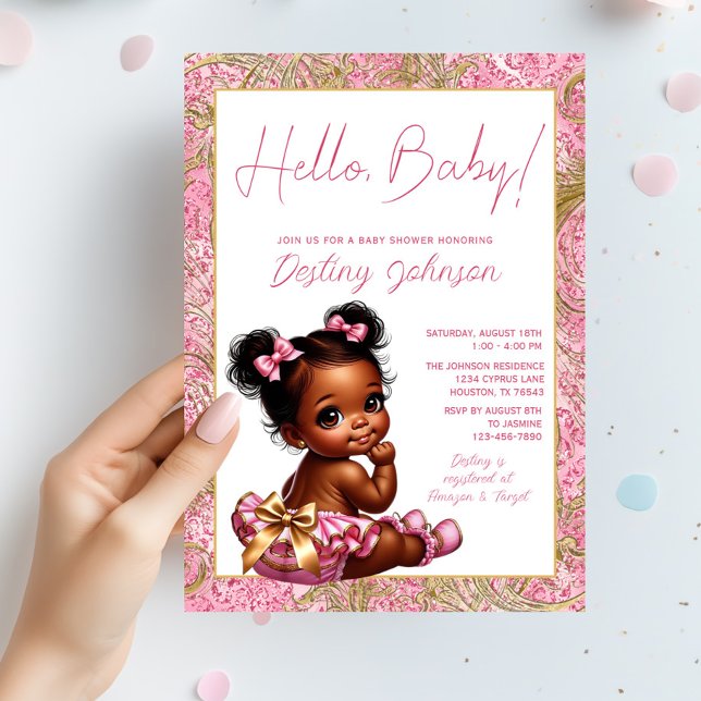 Invitación Chica Rosa y Oro "Hola Bebé" Baby Shower (Adorable pink and gold baby girl shower invitation. Simply add your event details.)