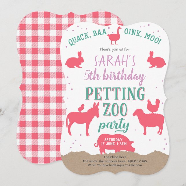 Invitación Chica, rosa, zoológico de animales de compañía, cu (Anverso / Reverso)