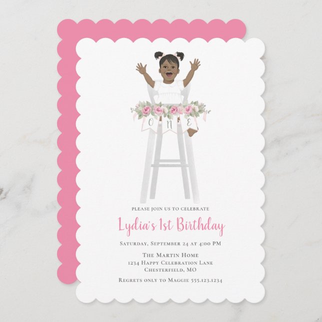 Invitación Chica Rosada Primer Cumpleaños Alto Presidente (Anverso / Reverso)