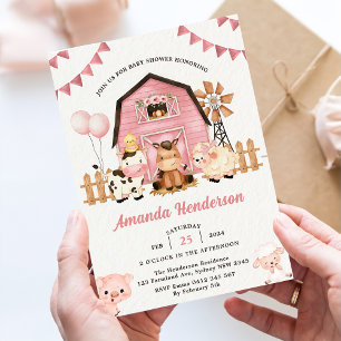 Invitación Chica rosado Animales de granja Fiesta Baby Shower