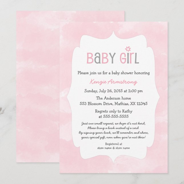 Invitación Chica rosado Baby Shower de la acuarela + traiga (Anverso / Reverso)