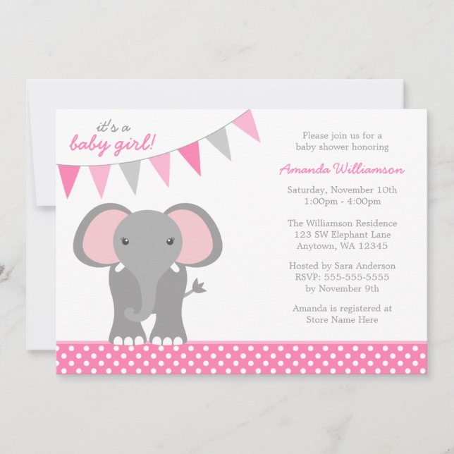 Invitación Chica rosado Baby Shower de la bandera del lunar (Anverso)