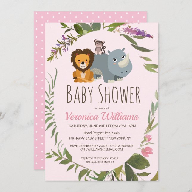 Invitación Chica rosado Baby Shower de los animales de Safari (Anverso / Reverso)