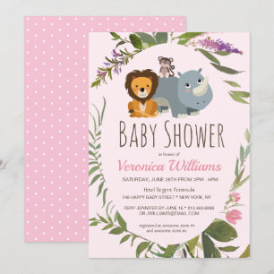Invitación Chica rosado Baby Shower de los animales de Safari