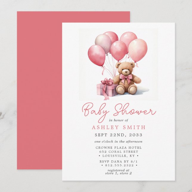 Invitación Chica rosado Baby Shower de los globos de Oso de T (Anverso / Reverso)