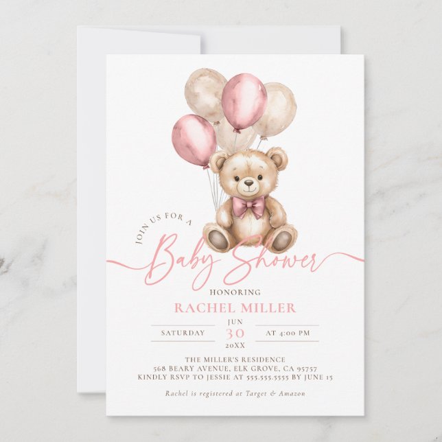 Invitación Chica rosado Baby Shower de los globos de Oso de T (Anverso)