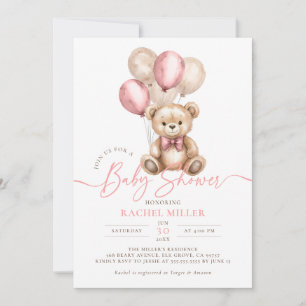 Invitación Chica rosado Baby Shower de los globos de Oso de T