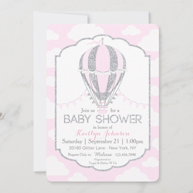 Invitación Chica rosado Baby Shower del globo del aire (Anverso)