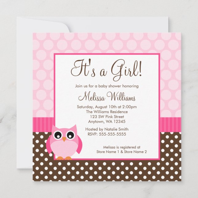 Invitación Chica rosado Baby Shower del lunar del búho de (Anverso)