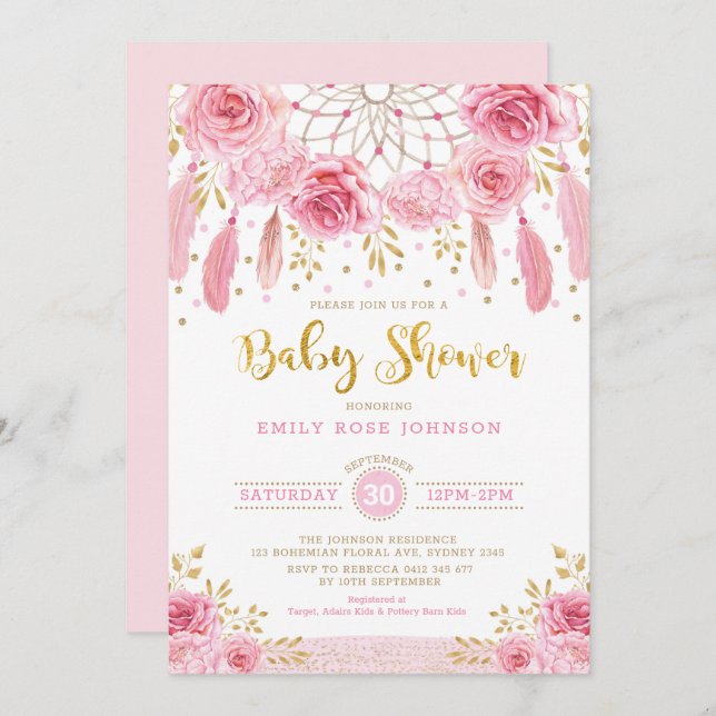 Invitación Chica rosado Baby Shower del oro de Dreamcatcher (Anverso / Reverso)