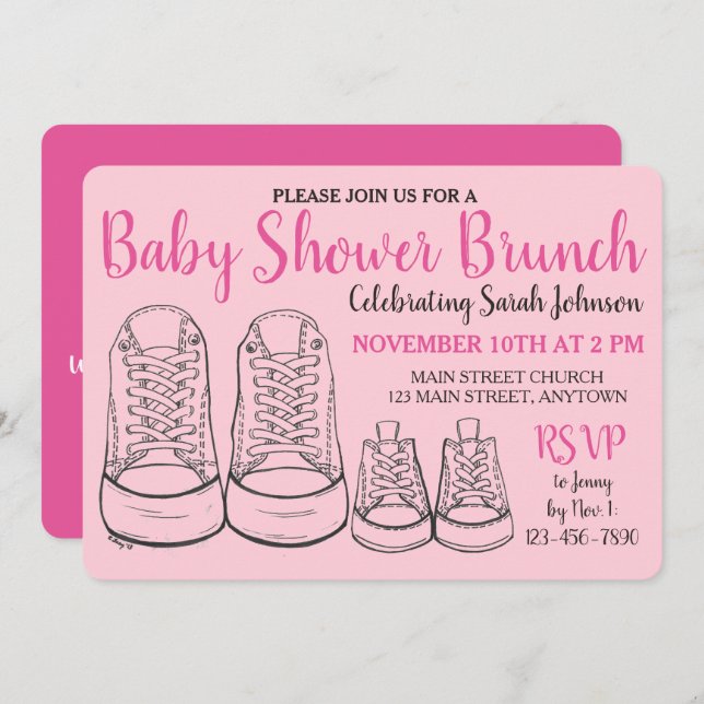 Invitación Chica Rosado Big Little Zapatos Ducha Recién nacid (Anverso / Reverso)