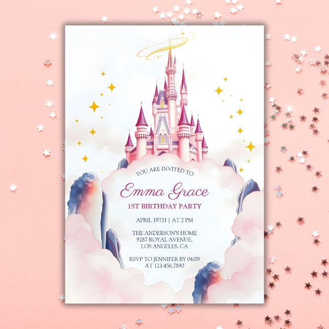 Invitación Chica rosado Castillo Princesa de Comercio de Hada (Fairytale Princess Castle Pink Girl Birthday Invitation)