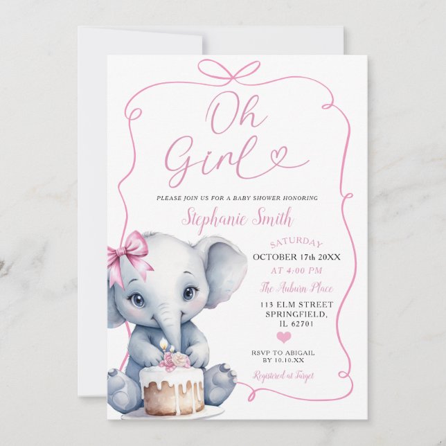 Invitación Chica Rosado Con Baby Shower De Bow Elephant (Anverso)