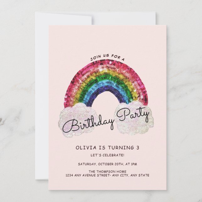 Invitación Chica rosado Cumpleaños Arcoiris (Anverso)