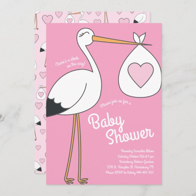 Invitación Chica rosado de Baby Shower de cigüeña (Anverso / Reverso)