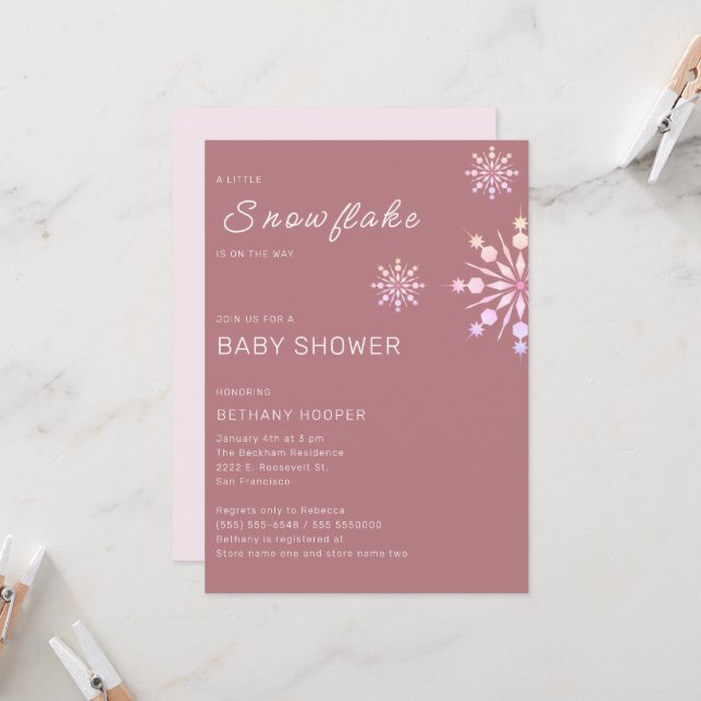Invitación Chica rosado de copo de nieve Baby Shower (Anverso/Reverso In Situ)