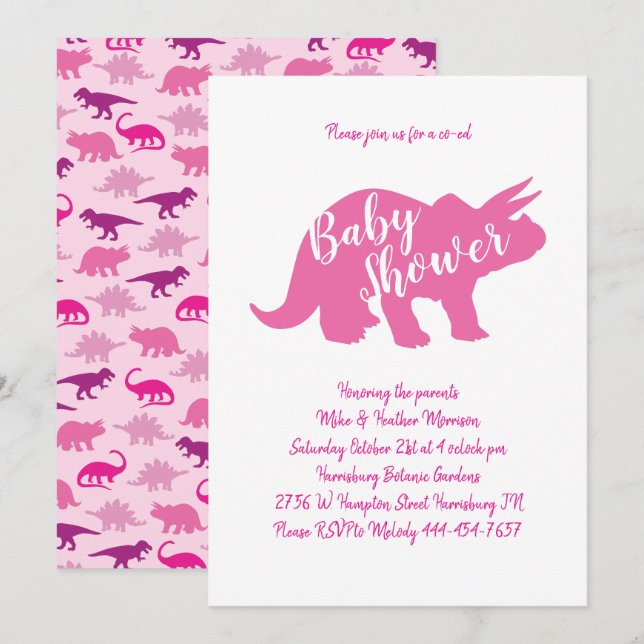 Invitación Chica rosado de Cuadros Dinosaurios Baby Shower Tr (Anverso / Reverso)