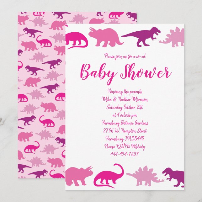 Invitación Chica rosado de dinosaurios pequeños Baby Shower D (Anverso / Reverso)