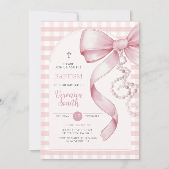Invitación Chica rosado de Gingham bautismo collar de perlas  (Anverso)