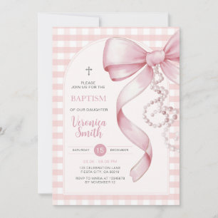 Invitación Chica rosado de Gingham bautismo collar de perlas