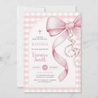 Invitación Chica rosado de Gingham bautismo collar de perlas