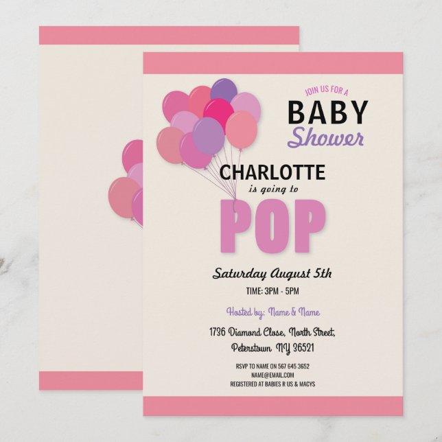 Invitación Chica rosado de globo POP de Baby Shower Diversión (Anverso / Reverso)