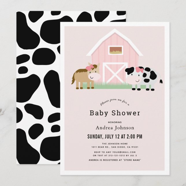 Invitación Chica rosado de la granja Barnyard Baby Shower (Anverso / Reverso)