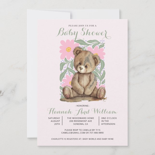 Invitación Chica rosado de Oso de Teddy Cute Baby Shower (Anverso)