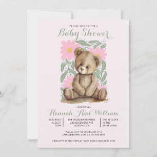 Invitación Chica rosado de Oso de Teddy Cute Baby Shower