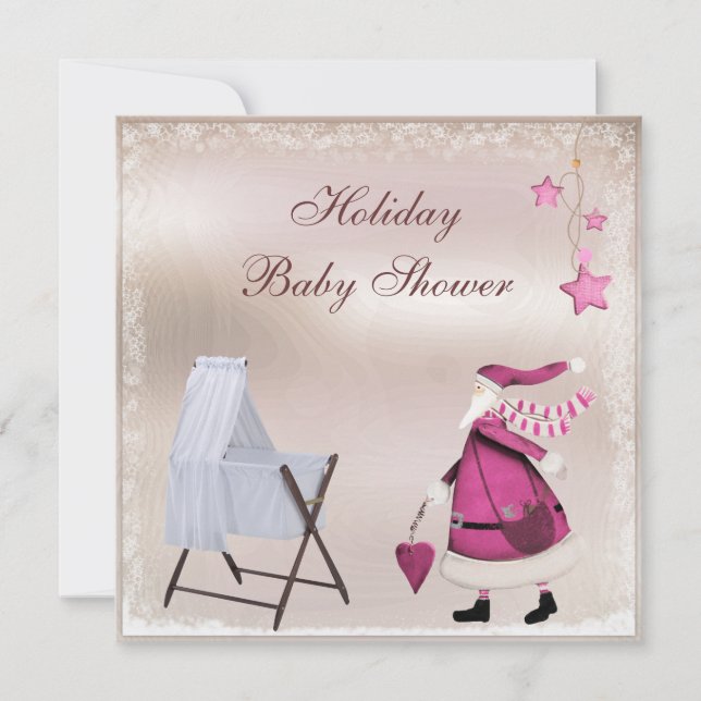 Invitación Chica rosado de Santa y Crib Baby Shower (Anverso)