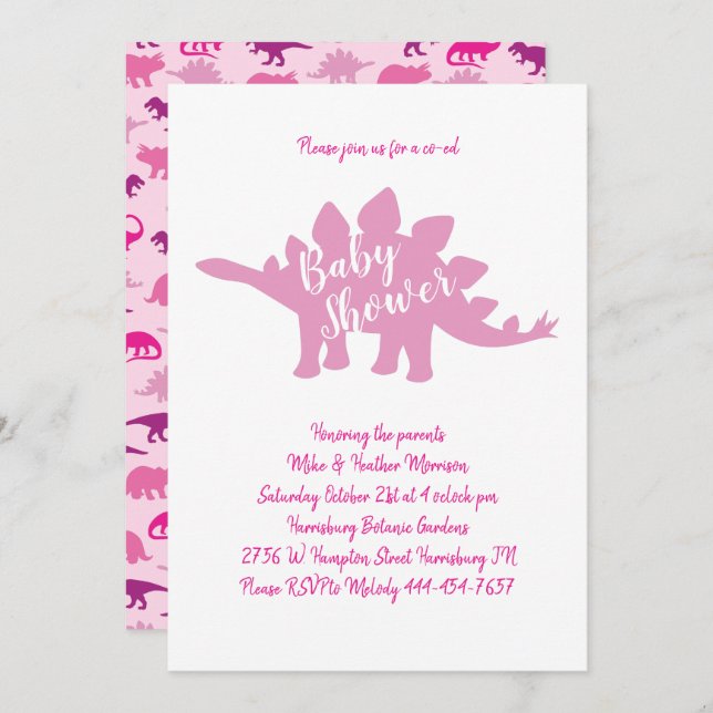 Invitación Chica rosado de Stegosaurus de Dinosaurio (Anverso / Reverso)