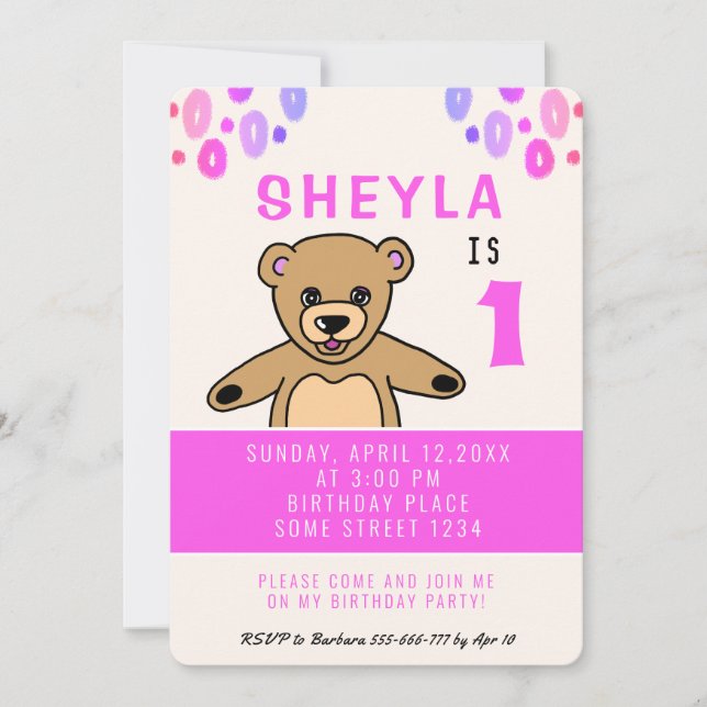 Invitación Chica rosado de Teddy Bear primer Fiesta de cumple (Anverso)