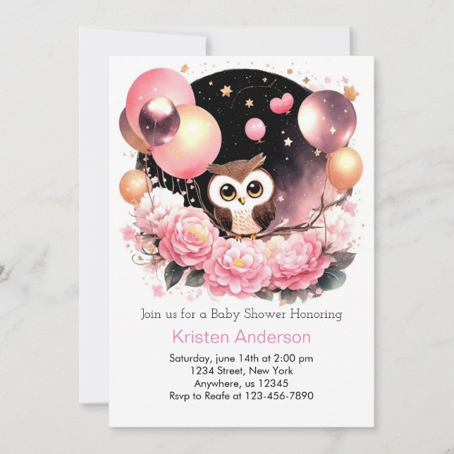 Invitación Chica rosado de Woodland Owl Baby Shower (Anverso)