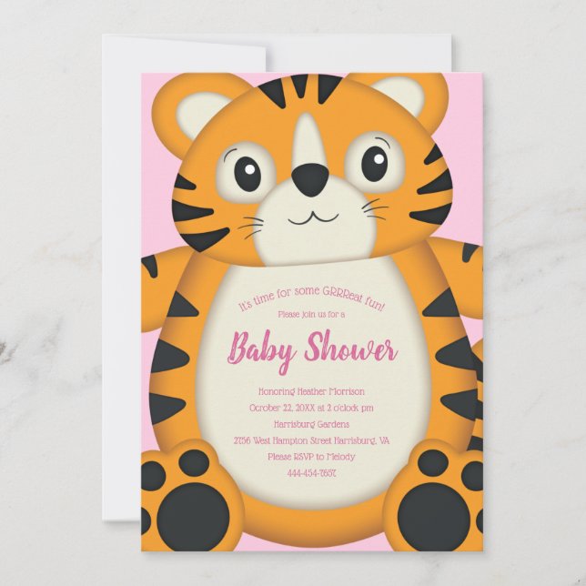 Invitación Chica rosado del Baby Shower Safari del tigre (Anverso)