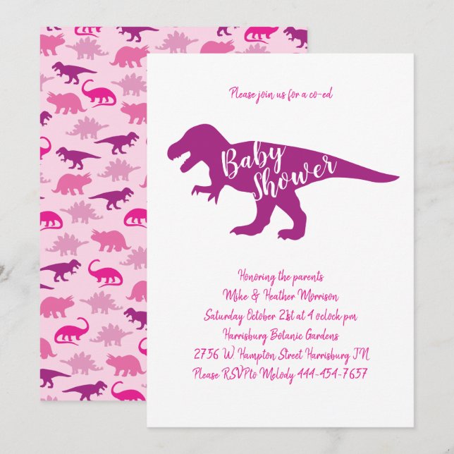 Invitación Chica rosado del dinosaurio cutáneo Baby Shower T- (Anverso / Reverso)