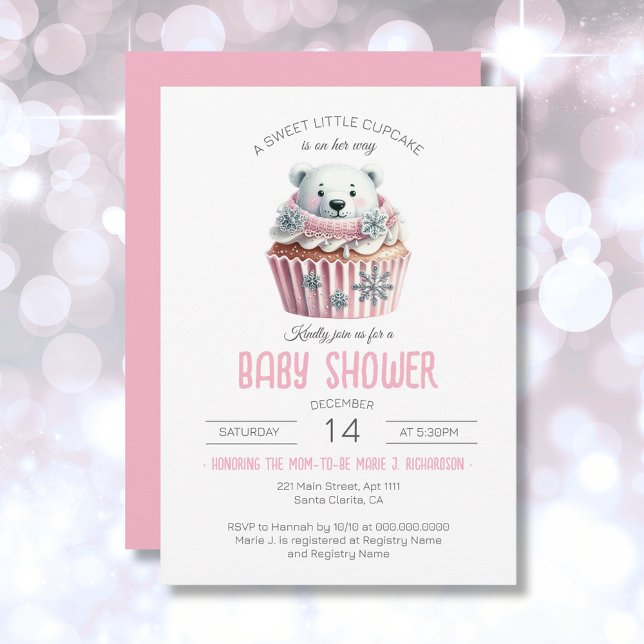Invitación Chica rosado dulce pastel pastel Baby Shower (Polar Bear Sweet Little Cupcake Girl Baby Shower Invitation)