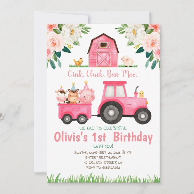 Invitación Chica rosado Fiesta de cumpleaños de los animales  (Anverso)