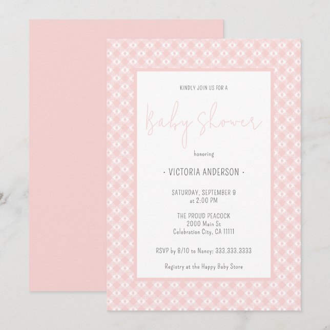 Invitación Chica rosado Gingham Cute Pastel Baby Shower (Anverso / Reverso)
