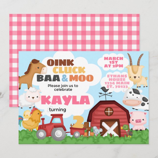 Invitación Chica rosado invitado a fiesta de cumpleaños de gr (Anverso / Reverso)