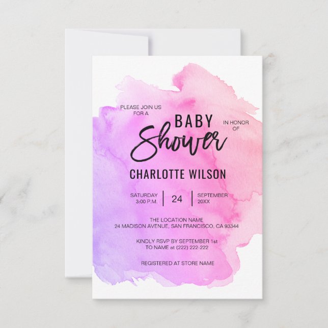 Invitación Chica rosado púrpura Baby Shower del melocotón de (Anverso)