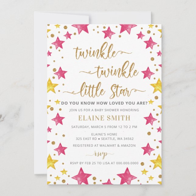 Invitación Chica rosado Star Gold pequeño Baby Shower (Anverso)