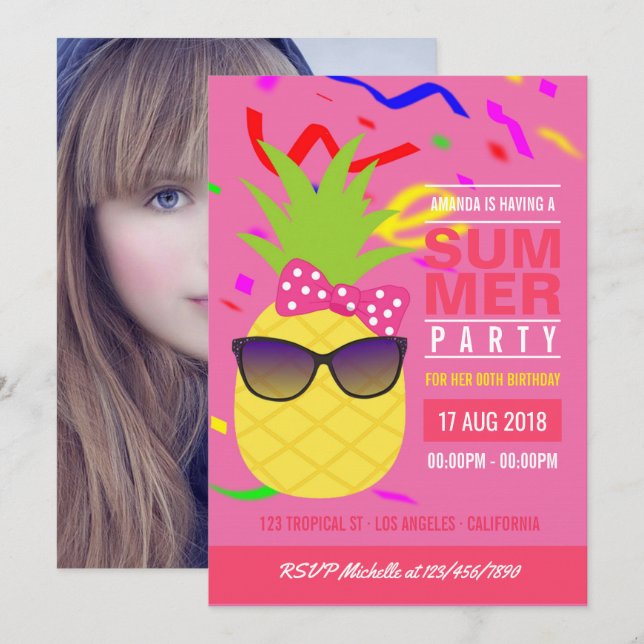 Invitación Chica rosado tropical de verano  de cumpleaños fot (Anverso / Reverso)