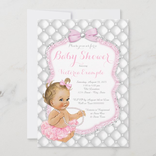 Invitación Chica Rosado Tutu Pearl Blonde Baby Shower (Anverso)