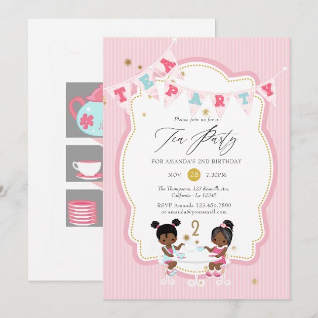 Invitación Chica rosado y dorado Fiesta de té de cumpleaños (Anverso / Reverso)