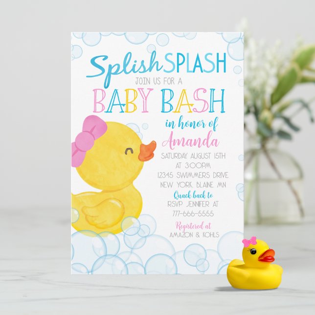 Invitación Chica Rubber Duck Splish Splash Baby Shower (Splish Splash Watercolor Girl Rubber Duck Baby Shower Invitations)